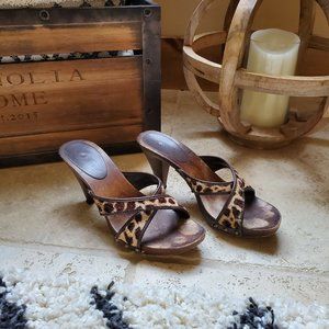 Nine West Slip On Heels Sandals Faux Leopard Fur